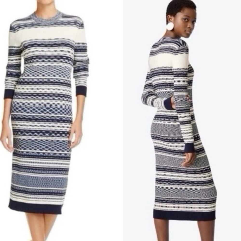 Tory Burch Julie Ribbed Knit Striped Dress Ivory Blue Navy Blue Size M
